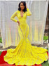 Yellow V Neck Long Sleeves Mermaid Prom Dress LBQ2913